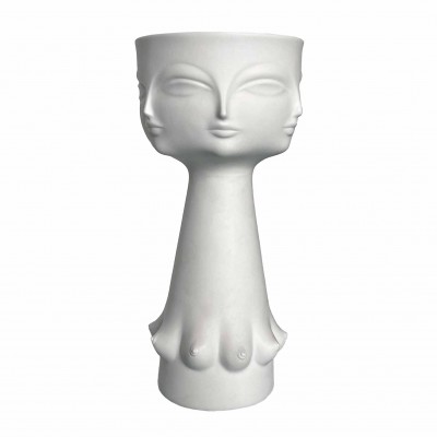 Ceramic white vase with faces and breasts